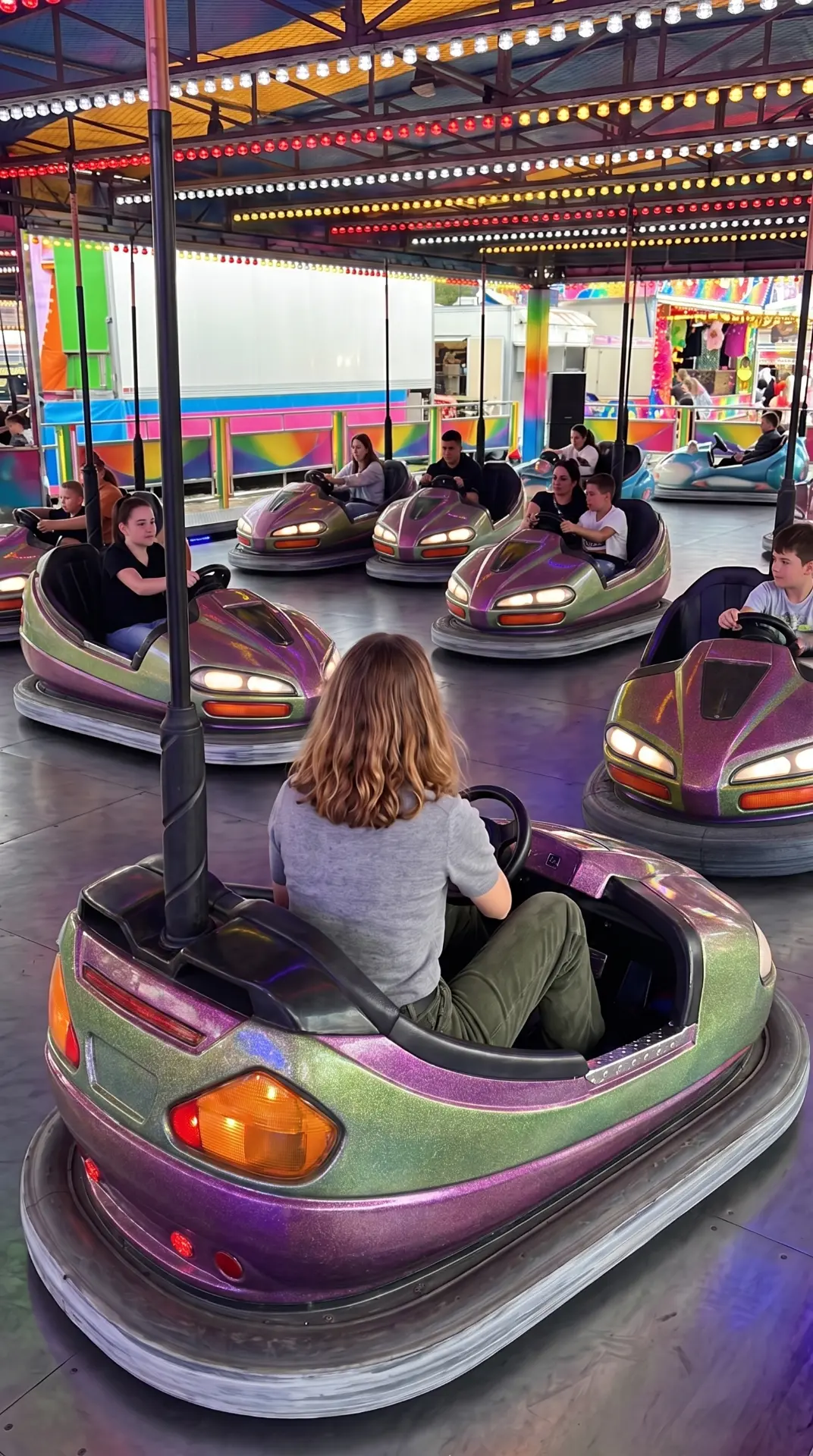 Gewone botsauto's op een kermis, zonder katten aan het stuur