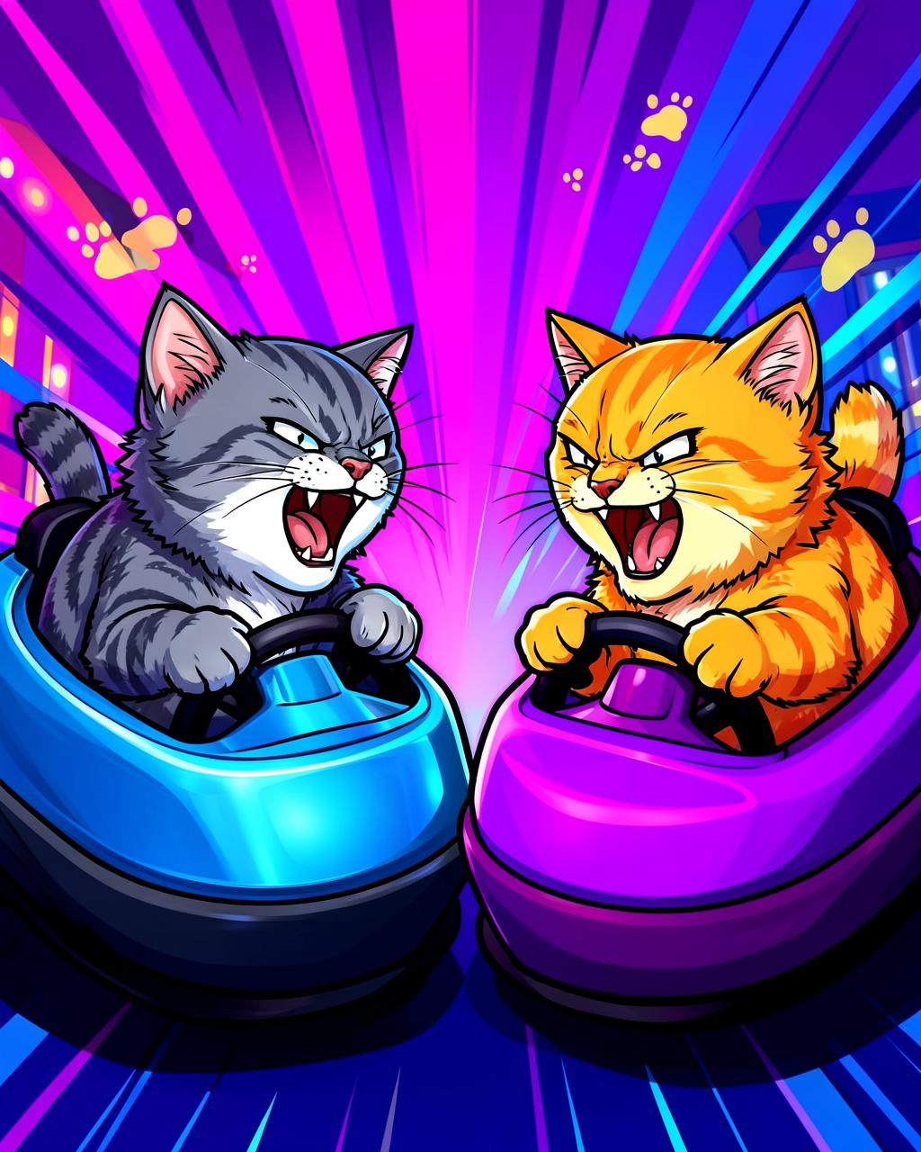Twee boze katten in botsauto's: een grijze kat in een blauwe wagen en een rode kat in een paarse wagen